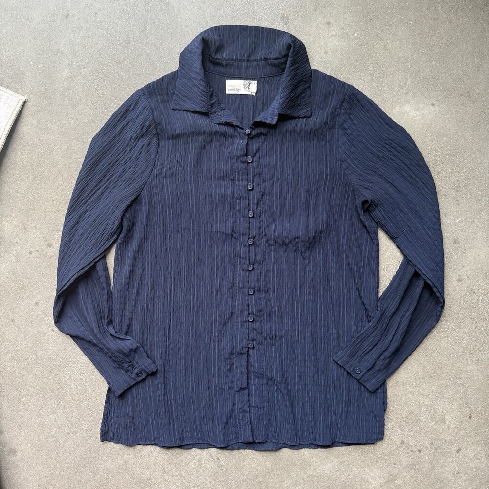 Everleigh By Anthropologie Button Up‎ Blouse Navy Blue Crinkle sheer Size S